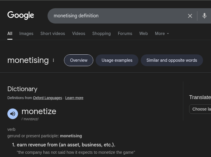 'monetising definition' according to Google sensei